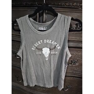 OG‎ Babe Desert Dreamer Stay Wild Muscle Tank Top Gray Small Bull Skull Boho